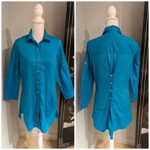 Lands' End Long Tunic Womens XS Blue ButtonUp Long Sleeve LightWeight Cotton 131